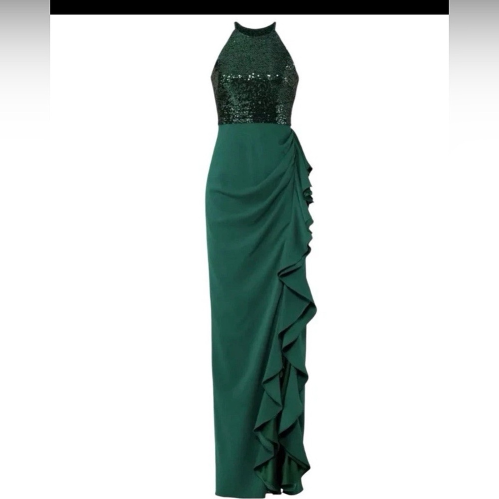 Badgley Mischka Emerald Green Sequin Bodice Ruffle-Trim Maxi Dress